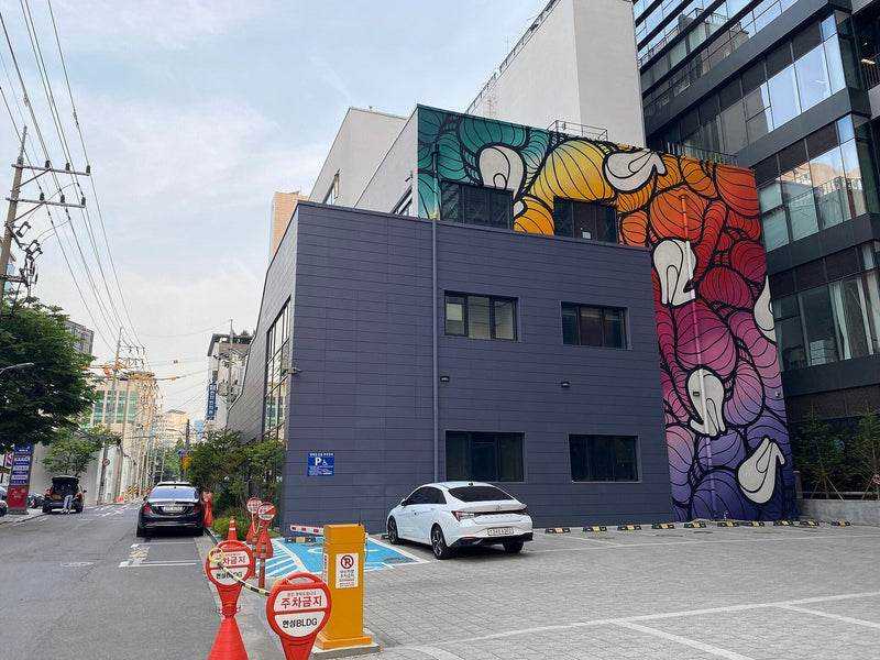 Seongsu-dong street mural on a bright day, a colorful wall painting above a quiet shopping street near Seongsu Station