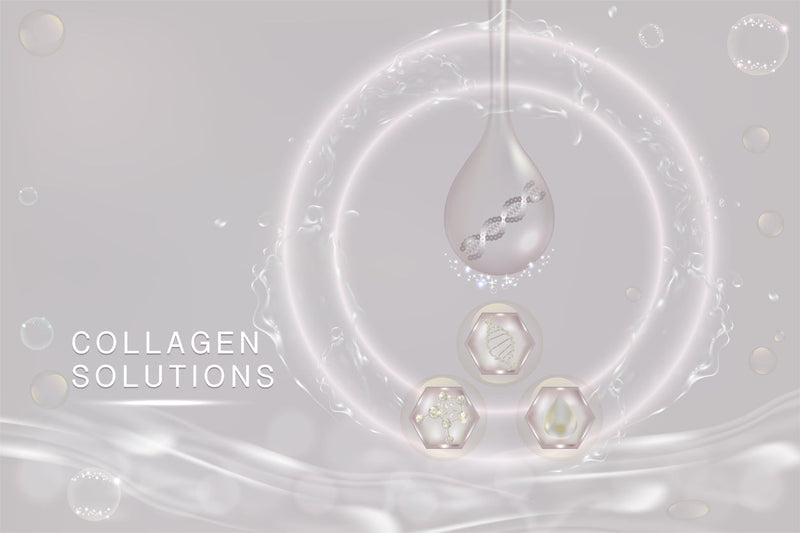 Collagen-themed graphic with a glossy droplet and floating capsules for a guide to regenerative skin boosters in Seoul