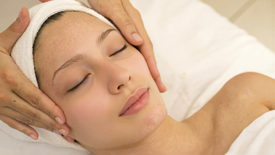A young woman relaxes on a treatment bed as a clinician's hands frame her jawline in a bright Seoul skin clinic