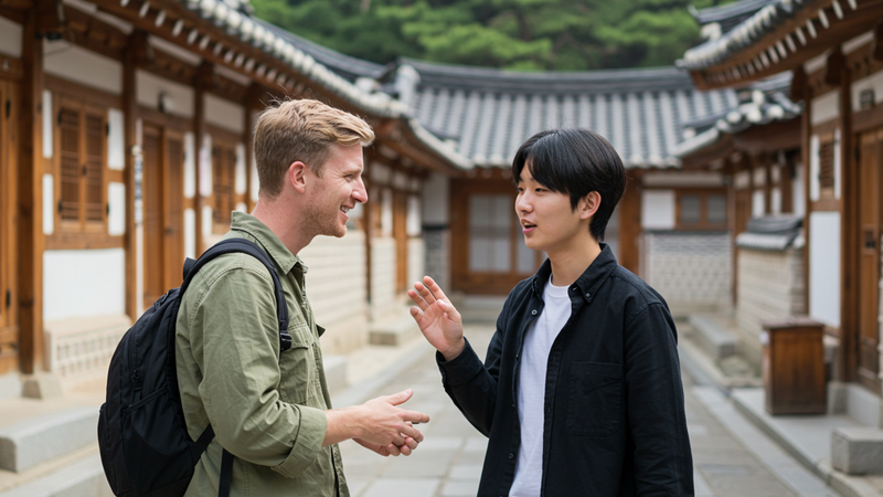 伝統的な韓屋の路地で地元の人と話すバックパッカー