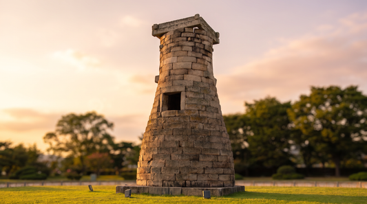 Cheomseongdae Observatory silhouetted against a soft sunset sky in Gyeongju, South Korea