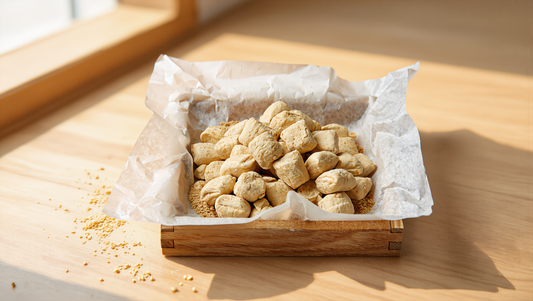 Korean yeot taffy dusted with soybean powder in a paper-lined wooden tray on a sunlit oak table