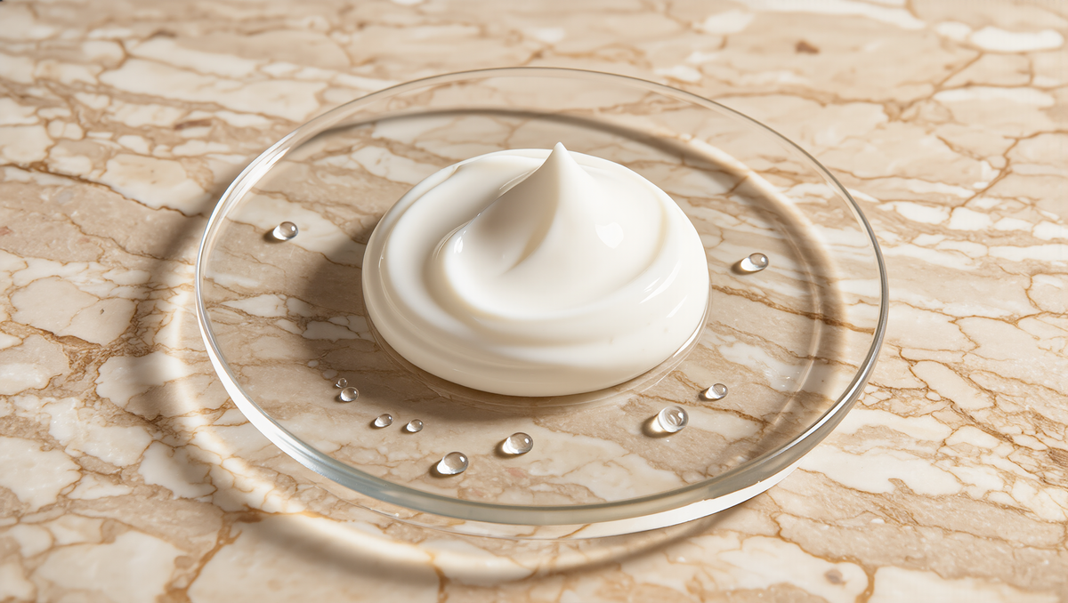 Korean hand cream dollop on a glass dish over pale stone, a rich cream texture for dry hands