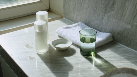 Unbranded skincare bottles, a ceramic dish and a folded white towel on a marble counter in bright morning light