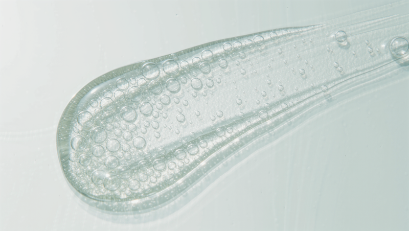 Glossy clear serum gel swipe with fine bubbles on a bright pale surface
