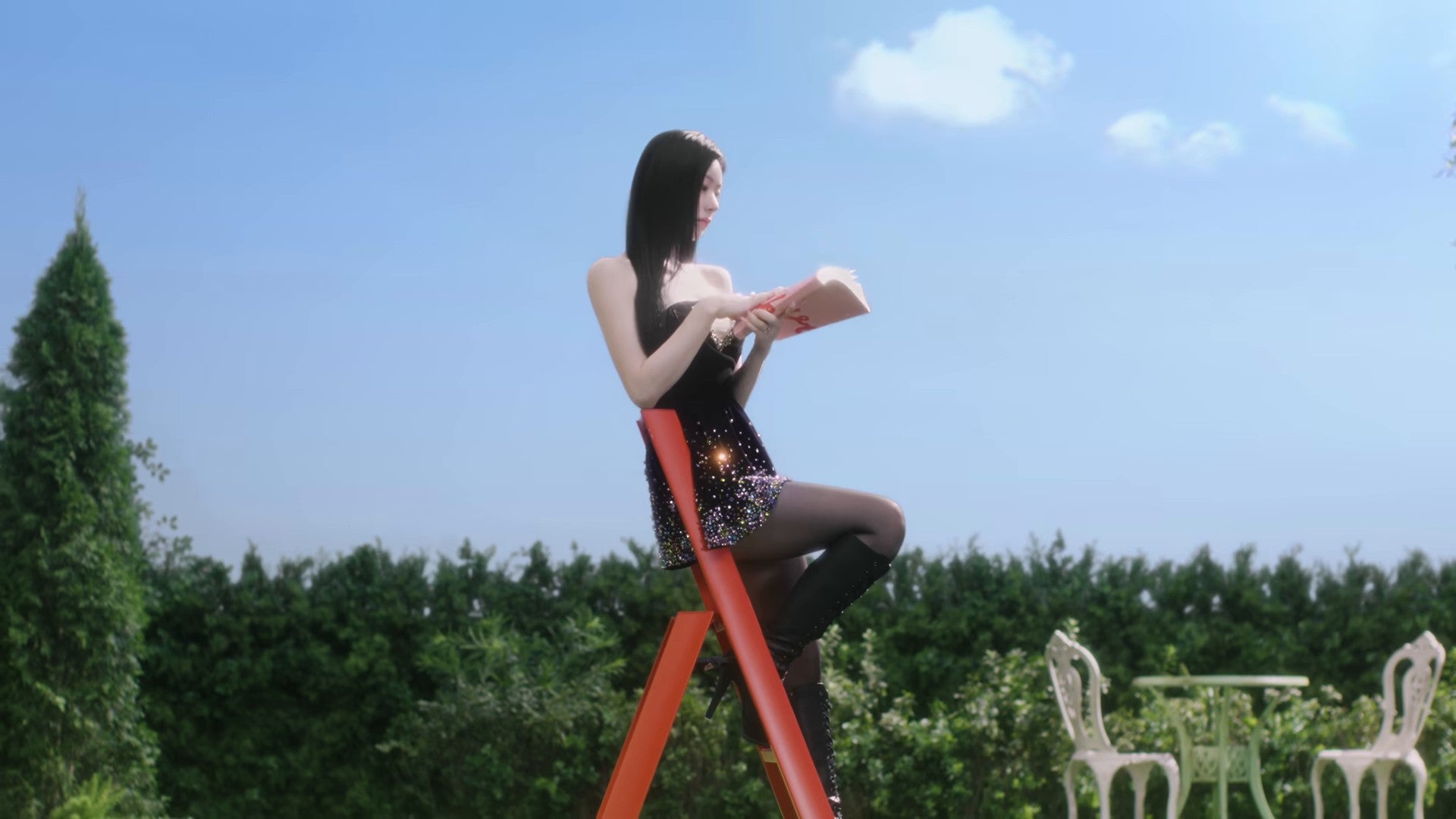 Chaeryeong sits on a red ladder against a blue sky, reading a book in a garden in the Lovesick trailer