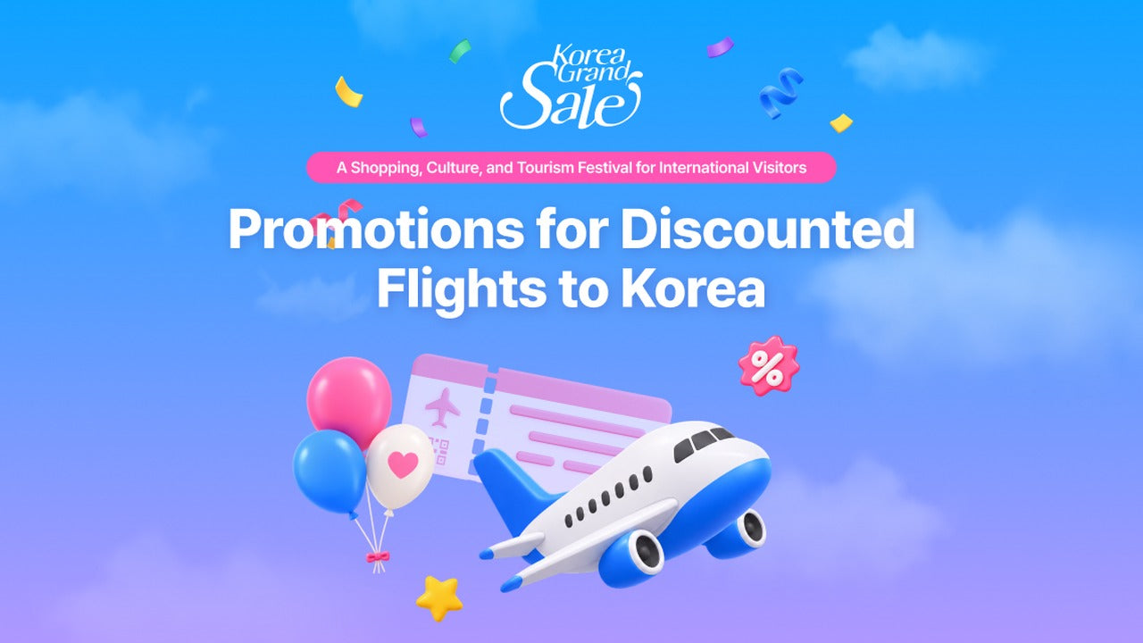 Korea Grand Sale banner for discounted flights to Korea, with a plane, a boarding pass and balloons (Visit Korea Committee)
