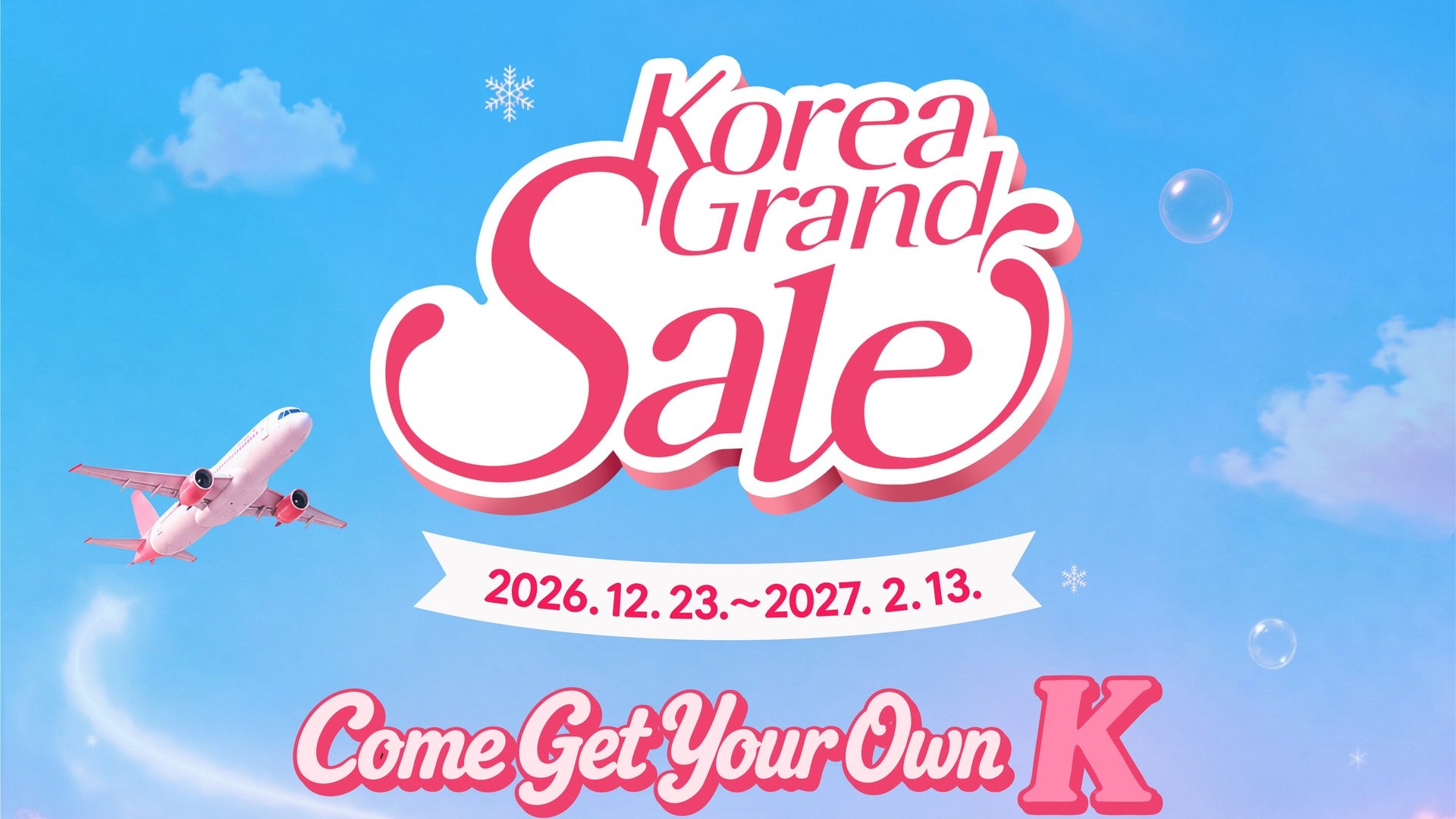 Korea Grand Sale key visual in pink and sky blue, the winter sale for foreign visitors from December 23 to February 13