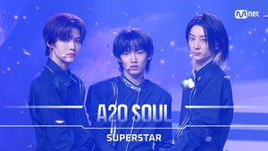 A2O SOUL members in navy stage uniforms at the Welcome to Soulite debut show, on the title card for Superstar