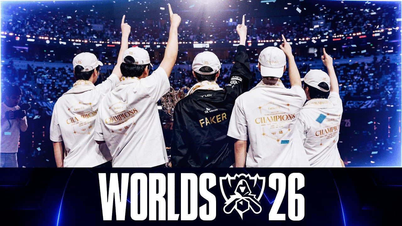T1 players raise their fingers under confetti after their last Worlds win, in the official LoL Worlds promo image