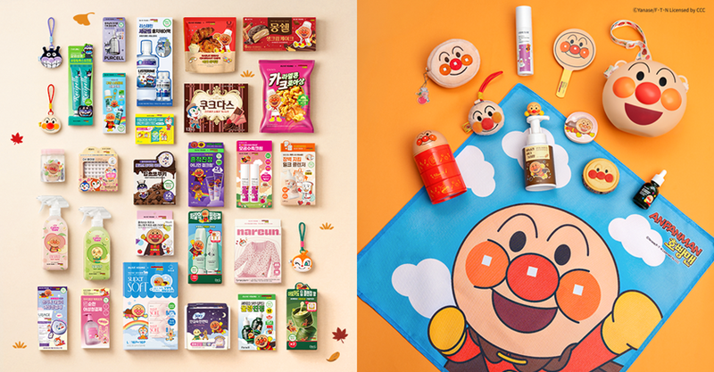 Olive Young Anpanman collaboration items laid out flat, from skincare and oral care to puffs and mirrors (CJ Olive Young)