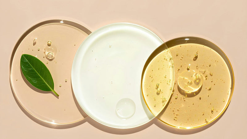 Clear serum, milky lotion and golden oil textures in glass dishes with a green leaf on a peach background